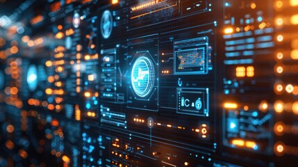 Obraz premium Futuristic digital interface displaying data and analytics with glowing elements and patterns