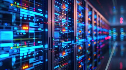 High-tech server room with illuminated racks showcasing data processing technology