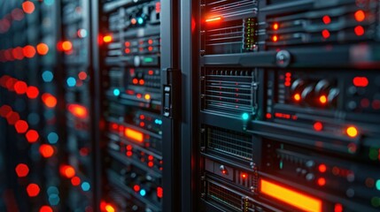 Obraz premium Close-up view of server racks illuminated by colorful lights in a data center environment
