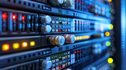 Close-up view of server racks displaying colorful lights and controls in a data center environment