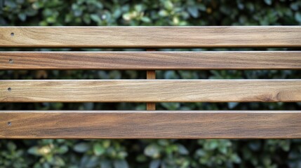 Fototapeta premium Close-up of horizontal wooden slats against blurred greenery.