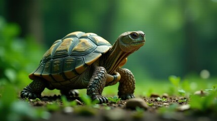 Fototapeta premium A small tortoise meanders through lush green vegetation, its shell a mosaic of earthy tones, showcasing the beauty of nature's intricate designs.