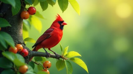A Vibrant Red Bird Perched on a Branch Amidst Lush Green Foliage and Small, Colorful Fruits in a Serene Natural Setting
