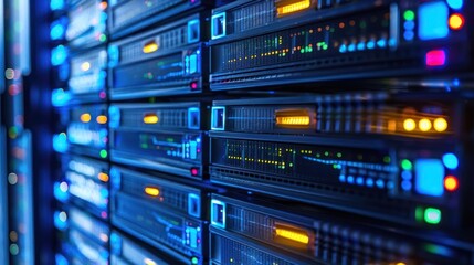 Close-up view of illuminated server racks in a data center showcasing technology and connectivity