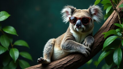Obraz premium A Relaxed Koala Bear Sporting Trendy Sunglasses Rests on a Tree Branch Amidst Lush Green Foliage