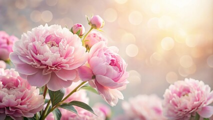 Delicate pink peonies in full bloom against a soft white background, with gentle morning light shining through the petals , pastel colors, delicate petals