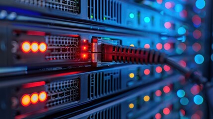 Close-up of network cables connecting to server racks with colorful LED indicators in a data center