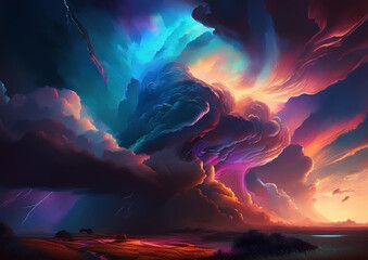Creative amazing rainbow giant cloud and tsunami water wave. Breathtaking abstract view with ethereal elemental massive radiated waves and lightning from clouds. Background, backdrop.