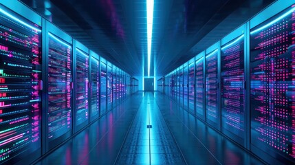 Futuristic data center with vibrant blue and pink lights illuminating rows of servers