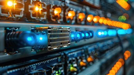 Naklejka premium Close-up view of illuminated server equipment in a data center showcasing connectivity and technology