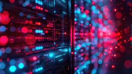 Abstract representation of digital data flow with vibrant blue and red lights in a server environment