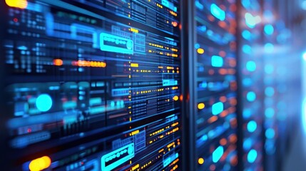 Abstract view of illuminated data servers in a modern data center showcasing technology