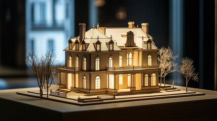 Fototapeta premium A wooden scale model of a historic mansion, well-lit and set on a display table