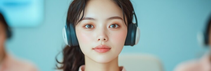 Sleek Government Call Center Dynamics Diverse Asian Agents with Headsets Engage in Digital Dashboards - Enhancing Public Service Efficiency and Modern Office Aesthetic