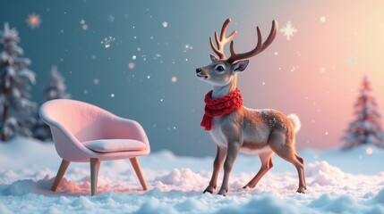 A Festive Reindeer in a Winter Wonderland Scene with a Cozy Pink Chair