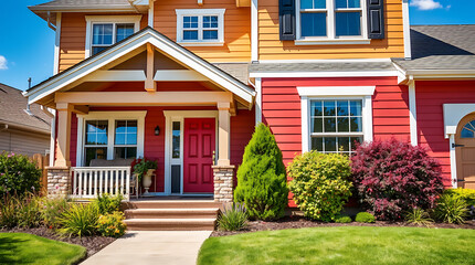 Fototapeta premium Vibrant Red and Orange House Exterior: Dream Home with Landscaping and Curb Appeal