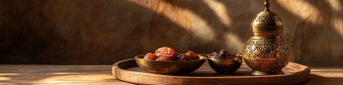 Ramadan Muslim Celebration- A wooden tray including small bowl of dates and decorative metal container with an intricate design.