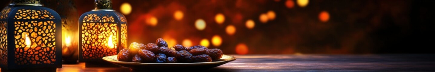 A plate of dates on a table with candle lantern for Happy Iftar muslim festival evening celebration.