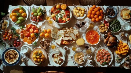 Overhead view of a lavish table laden with a variety of fruits, cheeses, breads, and cooked dishes.