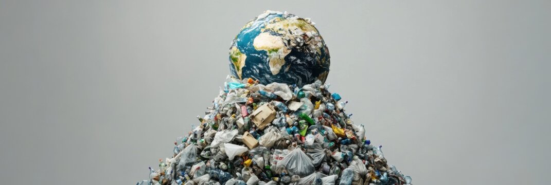 Earth positioned atop mountain of plastic waste representing environmental pollution concept