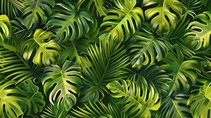 A lush and vibrant background of tropical leaves in various shades of green, creating a sense of abundance and natural beauty.