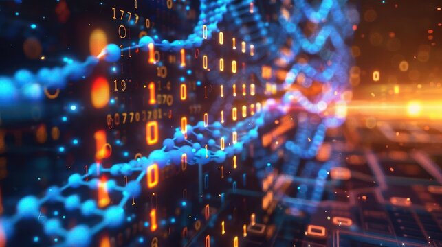 Abstract representation of digital data flow with binary code and glowing lines in a tech environment