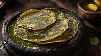A bowl of green tortillas sits on a table. The tortillas are piled on top of each other, and there is a bowl of green sauce nearby. Concept of abundance and indulgence
