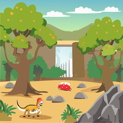 Landscape with wild animals and waterfall. Vector illustration in flat style