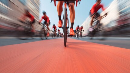 Dynamic Urban Fitness Colorful Cyclists on High-Speed Modern Bikes in Vibrant Gear - Promoting Active Lifestyles and Sustainable Urban Commuting Solutions