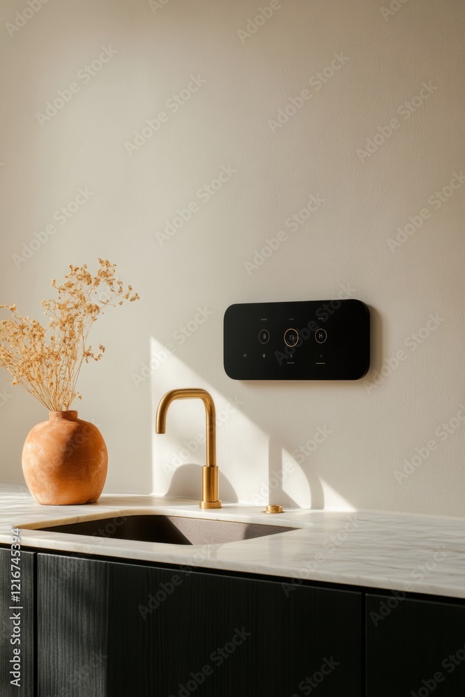 Poster smart kitchen interface sleek tablet on marble backsplash - advanced home automation and functional 