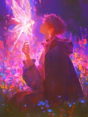 Young Man Gazing at a Luminous Fairy Winged Creature