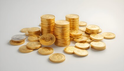 Golden Stacks of Bitcoin Cryptocurrency Coins with Modern Financial Symbolism