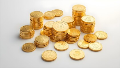 Golden Stacks of Bitcoin Cryptocurrency Coins with Modern Financial Symbolism