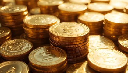 Golden Stacks of Bitcoin Cryptocurrency Coins with Modern Financial Symbolism