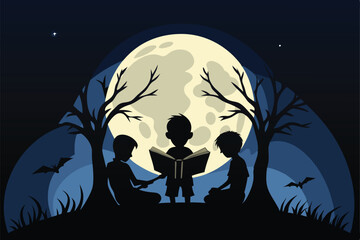 Silhouette Kids Reaching Stars with Yellow Moon Background