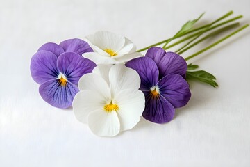 Fototapeta premium a small bouquet with two daisies and two violets, long stem in a white background