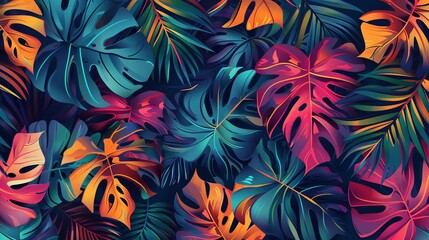 A colorful, vibrant tropical pattern featuring various types of leaves.