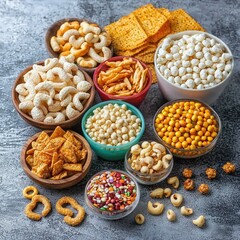 Assorted snacks in bowls on table
