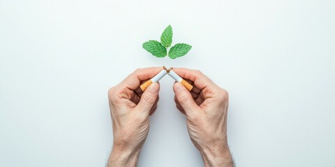 Minimalist Wellness Visual Hands Breaking Cigarette with Mint Leaf on White - Health Campaign Content and Lifestyle Marketing for Smoking Cessation Programs