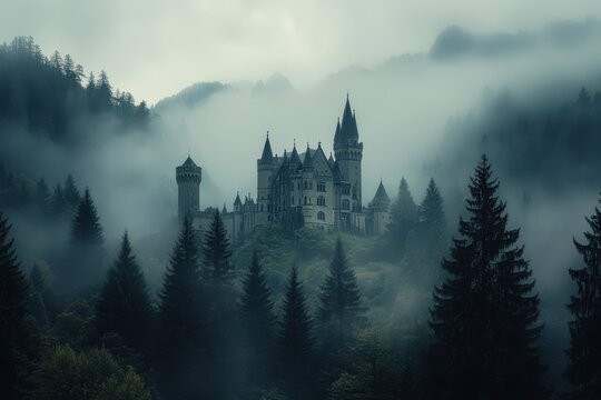 Misty castle surrounded by dense forest on a foggy day in a mountainous region