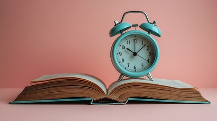 Vintage Alarm Clock on Open Book: A Still Life of Time and Knowledge