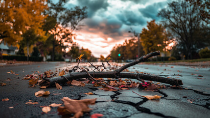 Broken tree branch on cracked pavement surrounded by scattered leaves and debris, depicting aftermath of strong winds and stormy weather, environmental damage concept.