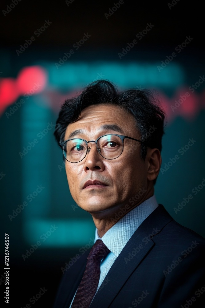 Poster contemporary finance analysis korean analyst in tailored business suit presenting digital exchange r