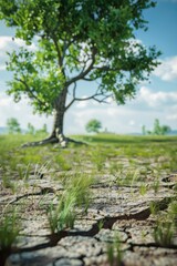 Obraz premium A lone tree with deep roots grows in a barren field of cracked earth, reflecting the resilience of nature amidst harsh conditions.