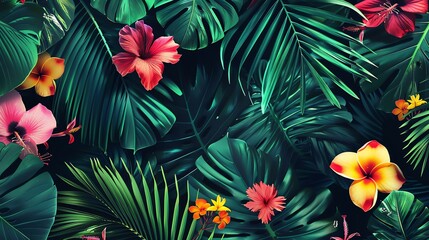 A vibrant tropical background with green leaves and colorful flowers.