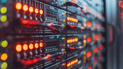 Fototapeta premium Close-up view of illuminated server racks in a data center, showcasing technology in action (1)
