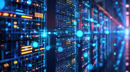 Futuristic data center with illuminated server racks, showcasing vibrant technology and digital activity