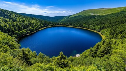 Fototapeta premium Serene Mountain Lake Landscape - A tranquil, circular lake nestled in a lush green mountain valley under a vibrant blue sky.