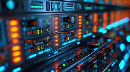 Close-up view of illuminated control panels in a high-tech server room with colorful lights