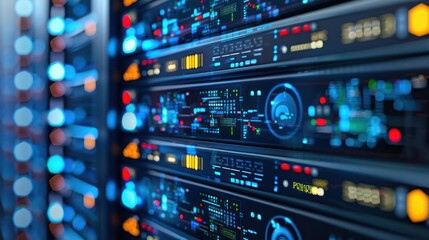 Close-up view of a modern data center server rack displaying vibrant LED indicators and activity